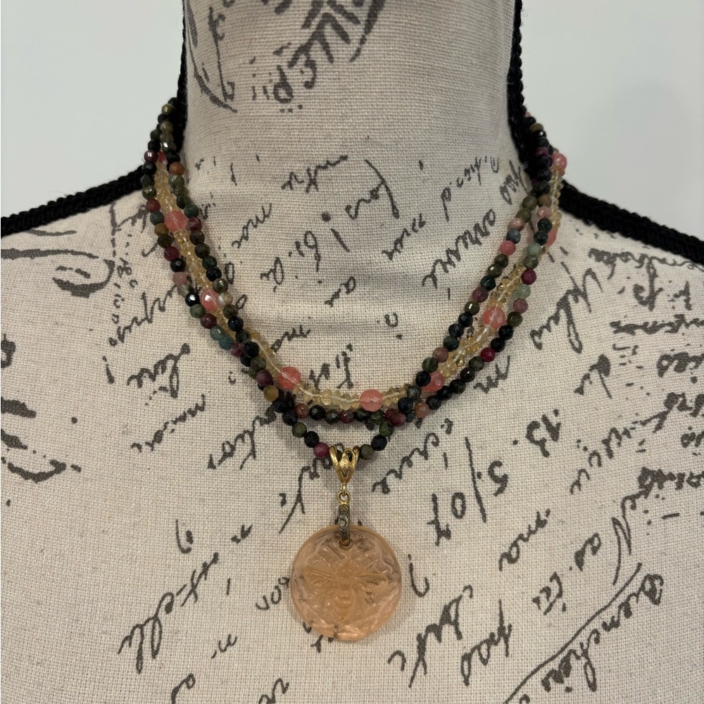 Extasia mixed tourmaline/cherry quartz/citrine beads, peach glass cameo necklace